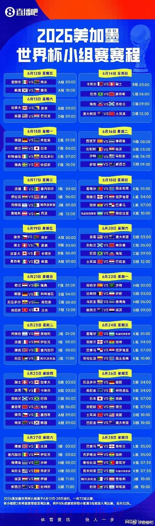 2026世界杯小组赛赛程高清版比赛时间表免费观看